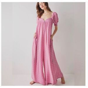 Free People Last Chance Jumpsuit Size XS Pink Ruffled Embroidered Tie Smocking